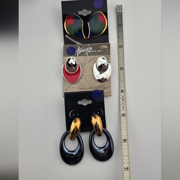 Retro Statement Earring Lot – Enamel, Lucite, Tarazzia Design Clip-Ons (3 Pairs) - Picture 5 of 5